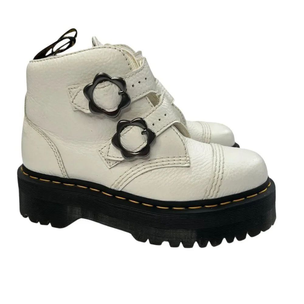 Dr. Martens Devon Y2K Inspired Flower Buckle White Pebbled Leather Platform Boot